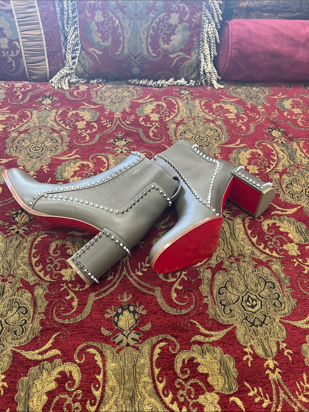 Christian Louboutin-Never Worn-Taupe Studded Block-Heel Ankle Boots Red Soles